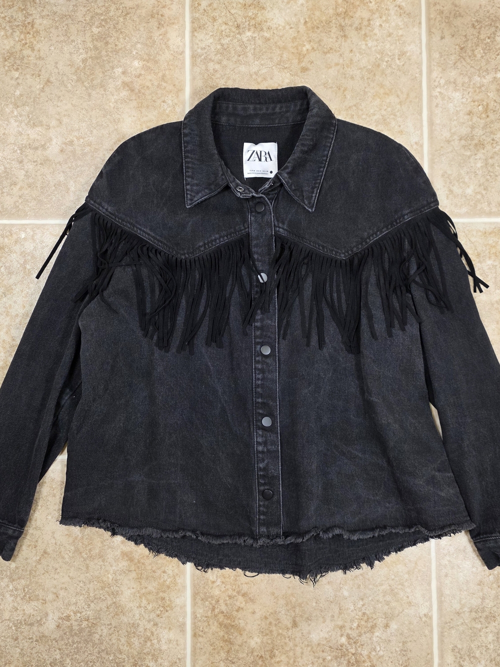 Zara Western Fringe Denim Jacket Medium Black Cowboycore Shacket - Picture 11 of 11